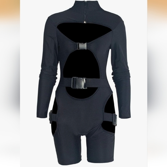 Halloween Costume Black Romper Long Sleeve bodycon Bodysuit Goth Jumpsuit Sexy - Picture 2 of 14